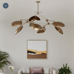 Lustre Spoutnik Mid-Century en laiton - 8 abat-jour linéaires