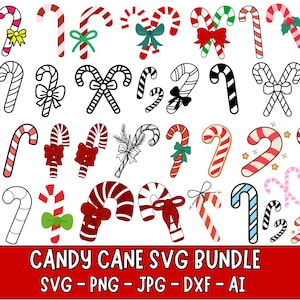Puede incluir: Una colección de diseños de bastones de caramelo en varios estilos y colores. Algunos son a rayas rojas y blancas, otros presentan lazos y algunos están delineados en negro. La imagen incluye el texto "CANDY CANE SVG BUNDLE" con opciones de tipo de archivo.