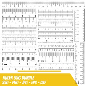 Puede incluir: Una colección digital de varios diseños de reglas en blanco y negro con marcas de medición métricas e imperiales. El gráfico incluye escalas horizontales y verticales con números y marcas claras. El texto dice RULER SVG BUNDLE.