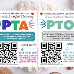 Peut inclure: Deux dépliants colorés avec des codes QR invitant les gens à rejoindre la PTA de l'école élémentaire Southfield et la PTO de l'école élémentaire Brookfield. Les dépliants comportent le texte "Engagez-vous et faites la différence" et "Rejoignez-nous maintenant".