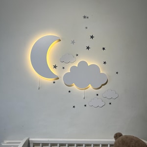 Set of  2, Crescent and Cloud Wall Nightlight, Nursery Lighting, Kids Room Decor, Battery Powered, Baby Shower Gift