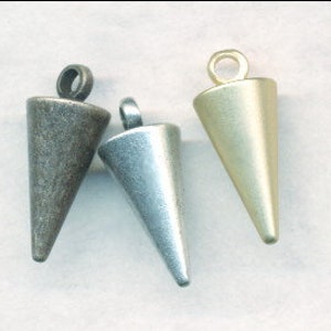 May include: Three cone-shaped metal pendant charms in antique silver, silver, and gold finishes. Each charm has a loop at the top for attaching to a necklace or bracelet.