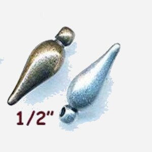 May include: Two metal teardrop-shaped charms, one silver and one gold, with a hole at the top for attaching to jewelry. The charms are 1/2 inch long.