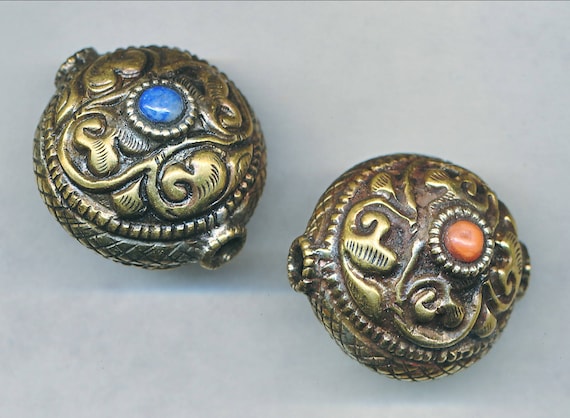 Beautiful HANDMADE NEPAL BEADS 20X25MM Three Colors, 1 Bead Design with Stones on Both Sides