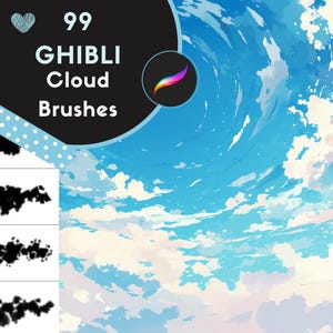 Pinceaux pour procréer : ensemble Ghibli Cloudscape, 79 pinceaux pour dessins animés, style Ghibli et illustrations, nuages rêveurs, éléments du ciel