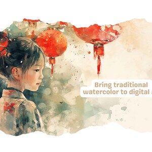 Op de afbeelding: Een aquarel schilderij van een jong persoon met donker haar dat een lichtbruine kimono draagt. De achtergrond heeft rode lantaarns en een lichtbruine aquarel was.