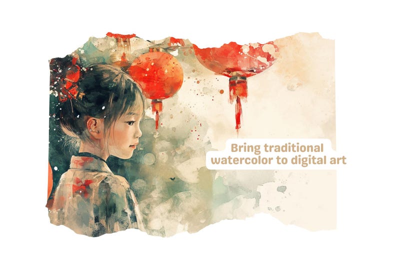 Op de afbeelding: Een aquarel schilderij van een jong persoon met donker haar dat een lichtbruine kimono draagt. De achtergrond heeft rode lantaarns en een lichtbruine aquarel was.