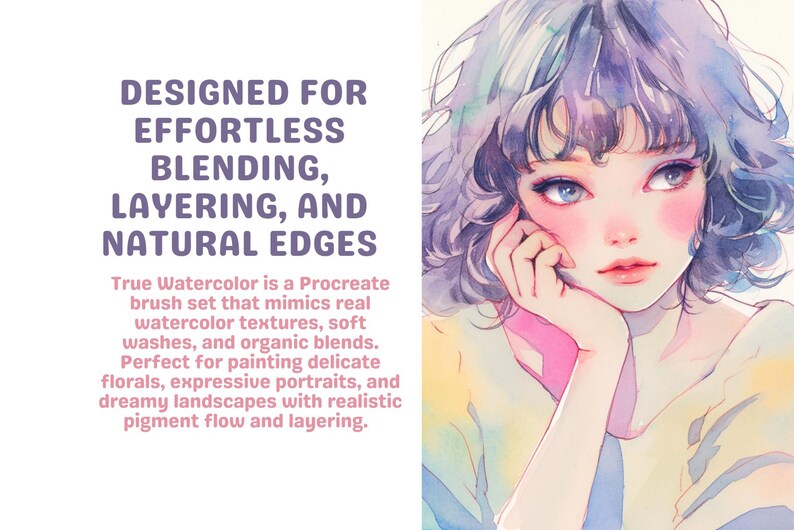 Op de afbeelding: Een digitale illustratie van een vrouw met paars haar, die een lichtblauw shirt draagt. De afbeelding is ontworpen om de kenmerken van een aquarel penseelset voor digitale kunst te laten zien.
