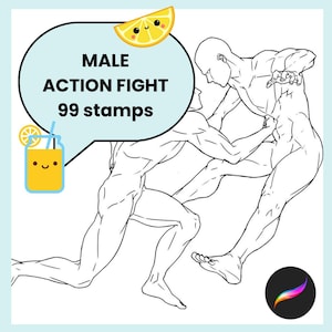May include: A black and white line drawing of two men fighting. The image is part of a set of 99 stamps for creating action poses. The text "MALE ACTION FIGHT 99 stamps" is in a speech bubble above the image.
