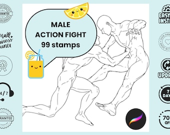 Procreate Stempel: Male Fight Pose Pack, 99 dynamische Pose-Stempel für Anime, Manga und Actiongeladene Illustrationen