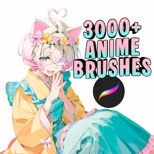 May include: Anime-style illustration of a character with pink and blonde hair, wearing a yellow and teal outfit. The image includes the text "3000+ ANIME BRUSHES" and a Procreate app logo.
