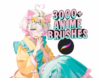 Op de afbeelding: Illustratie van een anime-personage met roze en blond haar, gekleed in een gele en turquoise outfit. De afbeelding bevat de tekst "3000+ ANIME BRUSHES" en een Procreate app-logo.