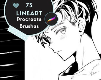 Op de afbeelding: Een zwart-witte illustratie van het gezicht en de schouders van een persoon. De persoon heeft kort, gestyled haar en kijkt naar beneden. De afbeelding is gelabeld met "73 LINEART Procreate Brushes".