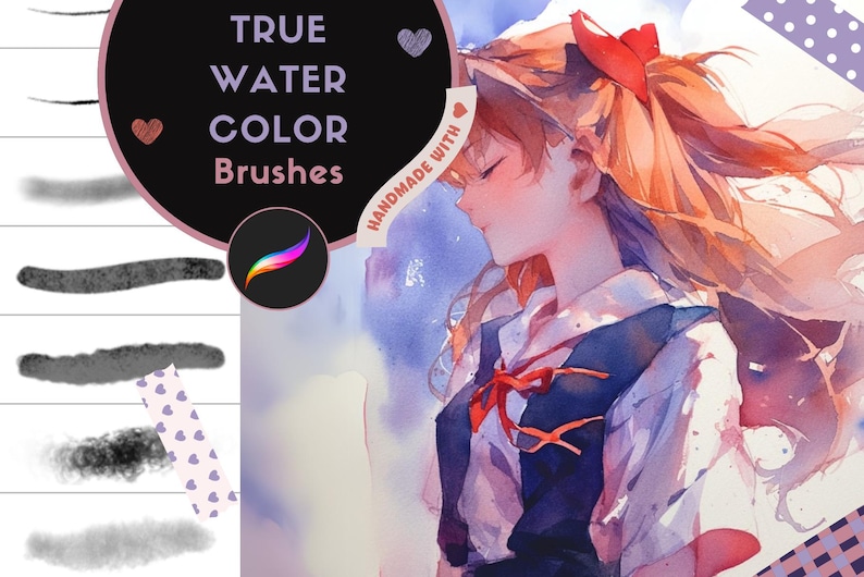 Op de afbeelding: Een set aquarelpenselen met de tekst "TRUE WATER COLOR BRUSHES" en "HANDMADE WITH" in een roze cirkel. De penselen worden getoond op een witte achtergrond met een rasterpatroon. De penselen zijn in verschillende maten en vormen, en ze zijn allemaal gemaakt van natuurlijke materialen.
