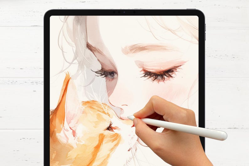 Op de afbeelding: Een digitale illustratie van een vrouw met lang blond haar en een kat. De vrouw is getekend in aquarelstijl en heeft haar ogen gesloten. De kat is oranje en wit en kijkt naar de vrouw. Een hand houdt een stylus vast en tekent op een digitaal tablet.
