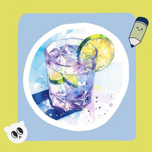 Op de afbeelding: Een aquarel van een glas water met ijsblokjes en een partje limoen. Het glas staat op een wit oppervlak met een blauwe achtergrond.
