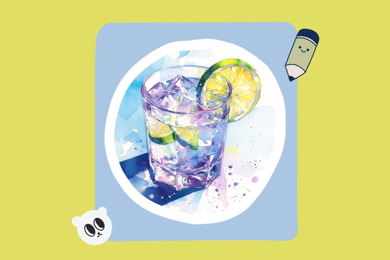 Op de afbeelding: Een aquarel van een glas water met ijsblokjes en een partje limoen. Het glas staat op een wit oppervlak met een blauwe achtergrond.