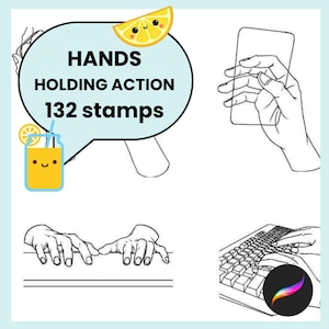 Procreate Stamps: Ultimate Hands in Action Pack, 132 handstempels voor het vasthouden van bekers, muizen, typen, boeken vasthouden en verschillende handgebaren