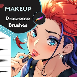 Może przedstawiać: Zestaw pędzli Procreate do makijażu, z grafiką kobiety nakładającej szminkę. Pędzle są pokazane w rzędzie, z sercem i tekstem "MAKEUP" nad nimi.