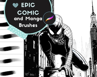 Op de afbeelding: Zwart-witte illustratie van een superheld in een stedelijke omgeving. De afbeelding bevat een tekstoverlay met de tekst "EPIC COMIC and Manga Brushes".