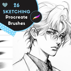 May include: A set of 26 Procreate brushes for sketching, featuring a variety of brush strokes and textures. The image shows a sample of the brushes used to draw a portrait of a person with black hair.