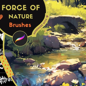 May include: A set of digital brushes called "Force of Nature" with a hand-painted image of a stream flowing over rocks in a forest. The brushes are designed for creating natural elements like leaves, branches, and water.