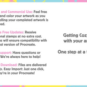 Op de afbeelding: Een roze en blauwe afbeelding met tekst die "Getting Cozy with your art" en "One step at a time" zegt. De tekst is in grijs. De afbeelding bevat ook een lijst met functies: "Private and Commercial Use", "Lifetime Free Updates", "Quick Support" en "Instant Download".