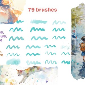 Op de afbeelding: Een set van 79 digitale kwasten voor het tekenen van wimpers, pupillen en wenkbrauwen. De kwasten worden getoond op een witte achtergrond met een aquareleffect. De tekst "Eyelashes, pupils, brows, all in one" en "Save time, create more" wordt ook op de afbeelding getoond.
