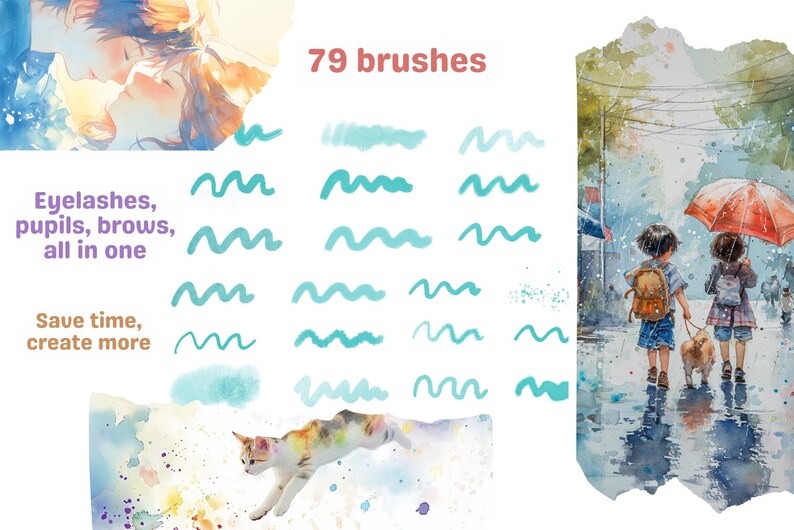 Op de afbeelding: Een set van 79 digitale kwasten voor het tekenen van wimpers, pupillen en wenkbrauwen. De kwasten worden getoond op een witte achtergrond met een aquareleffect. De tekst "Eyelashes, pupils, brows, all in one" en "Save time, create more" wordt ook op de afbeelding getoond.