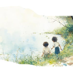 Op de afbeelding: Twee kinderen staan ​​aan de rand van een meer en kijken naar het water. Het meer is lichtblauw en de lucht is lichtgeel. De kinderen dragen casual kleding en hebben kort bruin haar. De sc&egrave;ne is geschilderd in aquarel.