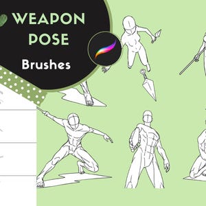 May include: A set of line art illustrations showing different poses for drawing characters holding weapons. The poses include a character holding a scythe, a character holding a sword, a character holding a dagger, and a character holding a staff. The text "WEAPON POSE Brushes" is at the top of the image.