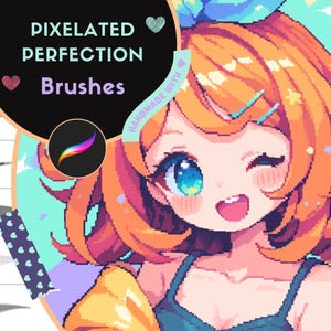May include: A set of pixelated brushes for digital art, featuring a colorful illustration of a cartoon character with orange hair and a blue bow. The text "PIXELATED PERFECTION Brushes" is displayed in a black circle with a pink heart.
