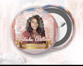 Könnte beinhalten: Eine rosa und goldene Knopfvorlage mit einem Foto einer Frau und dem Text "In Loving Memory of Latasha Williams 01/00/01 - 01/00/01".
