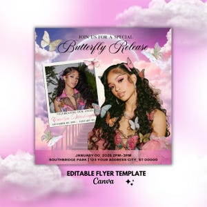 May include: A flyer with a purple and pink gradient background, featuring a woman with butterflies. Text includes "Join us for a special Butterfly Release" and event details. The flyer is an editable template.