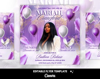 Volante de lanzamiento de globos, volante conmemorativo, volante funerario, volante conmemorativo, plantilla RIP, plantilla conmemorativa, editable con Canva