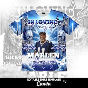 May include: A blue and white short-sleeve t-shirt featuring a memorial design with a central photograph of a person wearing a football jersey. The graphic includes the text IN LOVING MEMORY OF, MARLEN GREGORY, KICKOFF, and FINAL PLAY with dates.