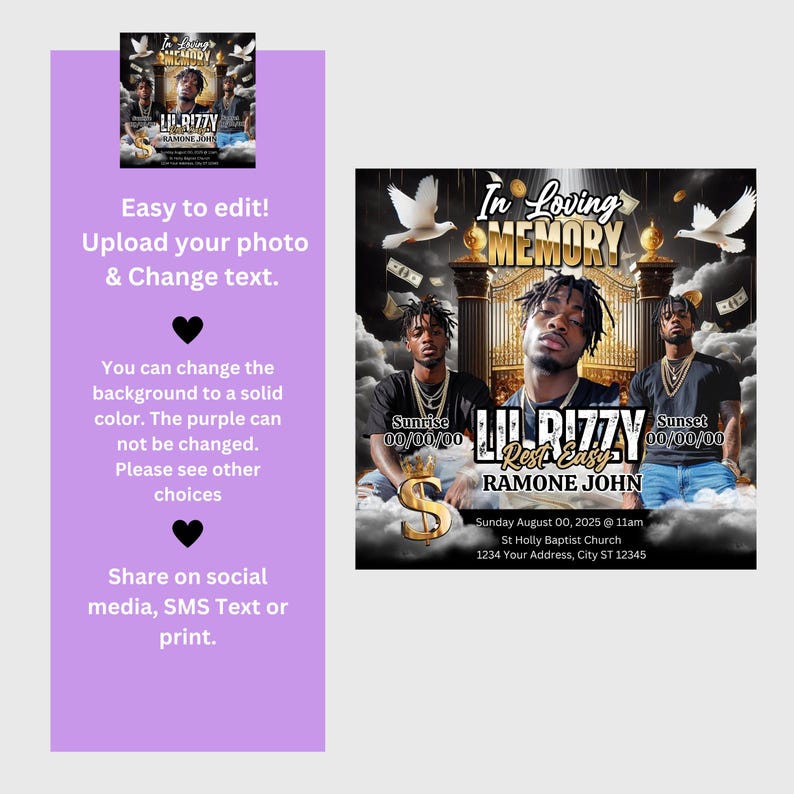 May include: A memorial flyer with a photo of three men in black clothing. The flyer has a purple background with white doves and the text "In Loving Memory" at the top. The flyer also includes the text "Lil Rizzy Rest Easy Ramone John" and the date and time of the memorial service.