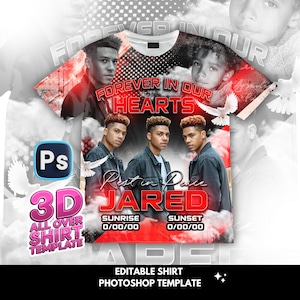 Peut inclure: T-shirt à imprimé intégral avec le texte "Forever in Our Hearts" et "Rest in Peace Jared". Le t-shirt présente des images d'un jeune homme et de colombes sur un fond nuageux. Comprend un modèle Photoshop.