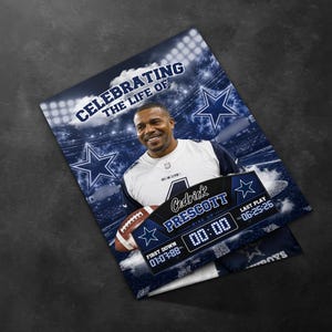 May include: A commemorative memorial flyer featuring a photograph of a football player in a white jersey with the text CELEBRATING THE LIFE OF, Cedrick PRESCOTT, RISE UP, FIRST DOWN 01:07:88, LAST PLAY 06:25:26, and Dallas Cowboys star logos.