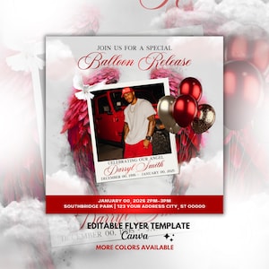 May include: A memorial flyer with a photo of a person in a red Jeep, surrounded by red angel wings and balloons. The text reads "Join us for a special Balloon Release" and includes the name Darryl Smith and dates.