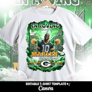 May include: White t-shirt featuring a memorial design with the text "IN LOVING Memory of MARLEN Gregory". The design includes a photo of a man in a football jersey, football helmets, and the Green Bay Packers logo. The text "EDITABLE T-SHIRT TEMPLATE" and "Canva" are also present.