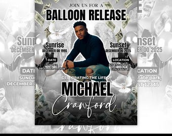 May include: A memorial poster with a black and white design, featuring a man with angel wings. The poster includes the text "Balloon Release," dates, and location details. The name "Michael Crawford" is prominently displayed.