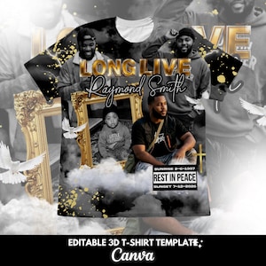 May include: A black and white t-shirt featuring a memorial design with the text LONG LIVE Raymond Smith, a gold picture frame containing a child's photo, a man in a black vest, white doves, clouds, gold paint splatters, and a REST IN PEACE box.