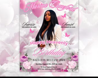 Volante de lanzamiento de globos conmemorativos, volante de funeral, volante conmemorativo, plantilla RIP, plantilla conmemorativa, editable con Canva, solo en rosa