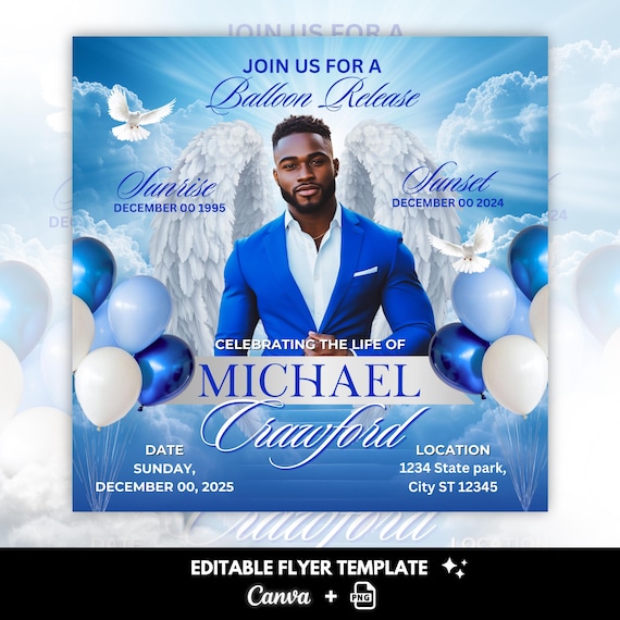 Memorial Balloon Release Flyer | Funeral Flyer | Memorial Flyer | RIP Template | Memorial Template | Editable with Canva, Blue Only