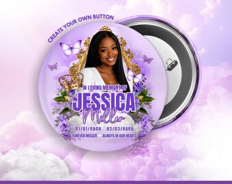 Purple Flowers Memorial Pin Button, Pink Heaven Button , Rest in Peace Button, Funeral Service Button, Edit this button with Canva