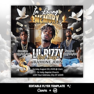 Folheto Memorial | Folheto Funeral | Folheto Memorial | Modelo RIP | Modelo Memorial | Editável com Canva, Preto e Dourado Apenas, Estilo de Rua