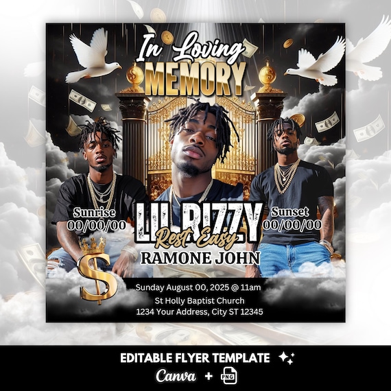 Memorial Flyer | Funeral Flyer | Memorial Flyer | RIP Template | Memorial Template | Editable with Canva, Black and Gold Only, Street Style