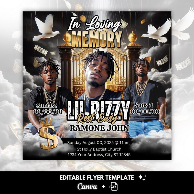 Memorial Flyer | Funeral Flyer | Memorial Flyer | RIP Template | Memorial Template | Editable with Canva, Black and Gold Only, Street Style image 1