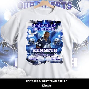 May include: White t-shirt with a blue and white graphic. The graphic includes the text "FOREVER IN OUR HEARTS", a portrait of a man, football helmets, and the name "KENNETH Williamson". The shirt also has the text "KICKOFF" and "TOUCHDOWN".